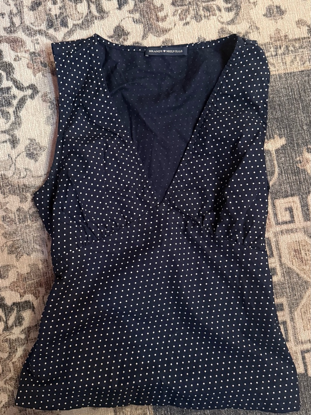 Brandy Melville Navy with White Polka Dot V-Neck Tank